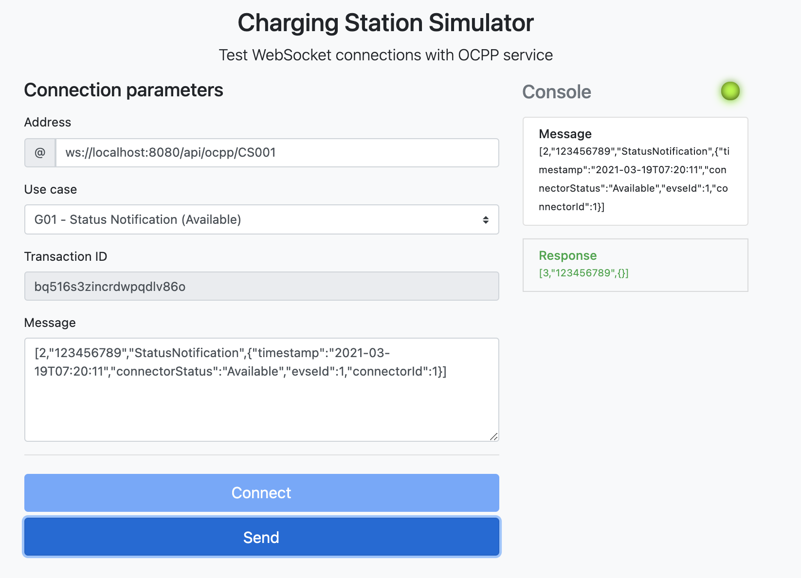 OCPP simulator for testing charging station communication